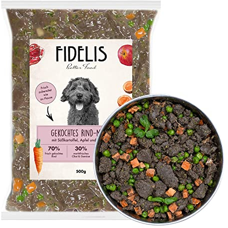 Fidelis – Gekochtes Frische-Menü Rind für Hunde 10 x 500g - Premium Hunde Futter mit 70% Fleischanteil und frischen Zutaten - Proteinhaltiges Hundefutter nass nicht extrudiert - Zucker- & Getreidefrei