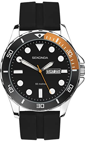 Sekonda Balearic Mens 44mm Quartz Watch in Black with Analogue Day/Date Display, and Black Rubber Strap 30118