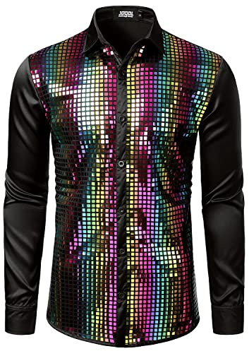 JOGAL Mens Dress Shirt Silver Sequins Long Sleeve Button Down 70s Disco Shirt Party Costume Rainbow X-Large