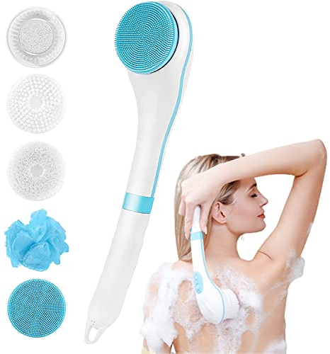 Cepillo de Ducha Corporal Eléctrico, Eléctricos Cepillo Baño Espalda con Mango Largo,Multifunción con 5 Puntas Exfoliantes,Cepillado Seco y Húmedo,Para Exfoliación, Limpieza de Cutis y Masaje (Rosa)