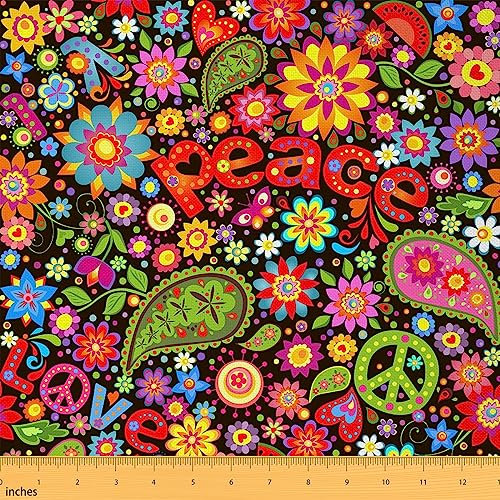70er Jahre Groovy Hippie Retro Outdoor Stoff von The Yard,Aquarell Blumen Blätter Stoff,Bohemian Style Polsterung Stoff,276x150