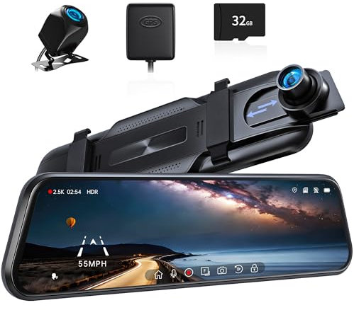 Pelsee P10 2.5K Rear View Mirror Camera, 10'' Mirror Dash Cam Smart Driving Assistant w/ADAS and BSD, Free 32GB Card&GPS, Front and Rear Camera for Cars Trucks,Night Vision,Voice Control,Parking Mode