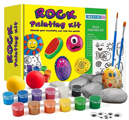 Imagine 3D Rock Painting Kit Arts & Crafts for Kids 6+ Years Set Gifts for 6 Years Old Girls Boys Birthday Present 12 Colour Paints Stone Pebble Clay Stickers Craft Kit Childrens Craft Kits for Kids