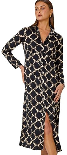 Roman Originals Shirt Dress for Women UK- Ladies Long Sleeve Belted Collared Midi Maxi Winter Autumn Smart Casual Button Through Evening Office A Line Swing Skater - Black & Natural - Size 10