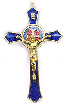 BRAVECOW Décoration murale vintage en métal doré avec croix, crucifix Jésus, saint religieux sculpté Christ (bleu)