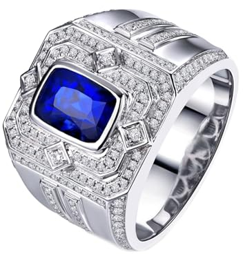 Eternity Ring Herren, Ring Saphir Herren 18 Karat Weißgold Lab Saphir 3.73CT Blau Rechteckschliff VVS mit Diamant Weiß Größe 57 (18.1) Npassbar