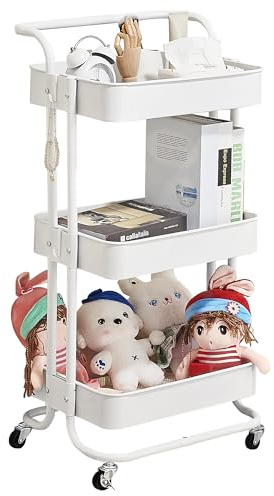 Hoomtaook Servierwagen Küchenwagen Mit Rollen,Metall Rollwagen Mit 3 Schubladen Küche,Bastelwagen Mit Griff für Kinder, Weiß