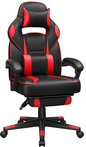 SONGMICS Gaming Chair, Office Racing Chair with Footrest, Desk Chair, Ergonomic Design, Adjustable Headrest, Lumbar Support, 150 kg Load Capacity, Black and Red OBG077R11
