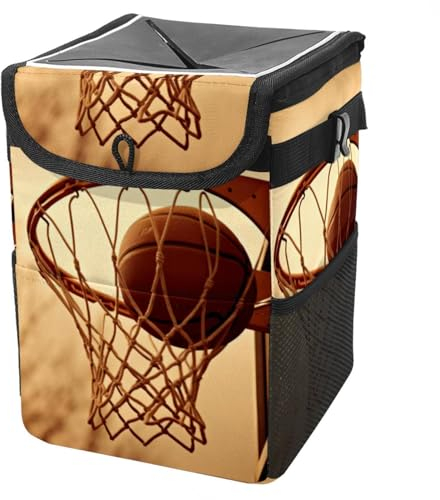 YTYVAGT Car Trash Can with Lid and Storage Pockets Leak-Proof Organizer,Multipurpose Trash Bin for Car,Retro Basketball Hoop Pattern