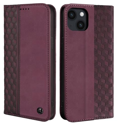 CXTCASE Handyhülle für iPhone 15 Hülle, PU Lederhülle iPhone 15 Flip Case mit Kartenfach & Standfunktion, 360°-Schutz, weiche Textur und präzise Ausschnitte, Schutzhülle Tasche für iPhone 15, Weinrot
