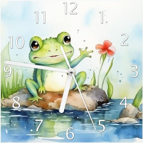 Wallario Design-Wanduhr Frosch in Aquarell aus Glas, Motiv-Uhr Größe 20 x 20 cm, weiße Zeiger