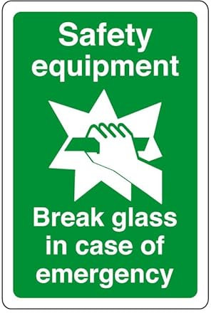 Safety equipment break glass in case of emergency - safety sign - 1.2mm Rigid plastic for indoor/outdoor usage (600mm x 400mm) Viewing Distance within 20m.
