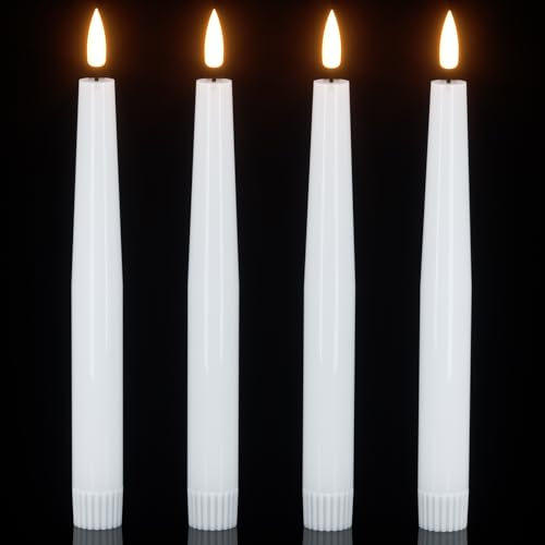 Flameless Flickering Taper Candles Battery Operated, 4 Pcs Real Wax LED Taper Flameless Candlesticks with 3D Wick, White Electic Candles for Home Table Centerpieces Decor (0.79” x 8.1”)