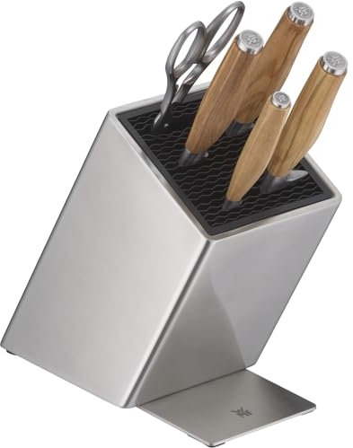 WMF Grand Wood Messer-Set mit FlexTec Messerblock 6-teilig, Messer Holzgriff, Made in Germany, perfekte Ergonomie, 4 Messer geschmiedet, Olivenholzgriff, Schere, FlexTec Messerblock aus Edelstahl