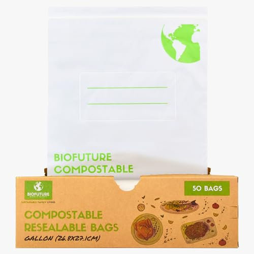 Biofuture Sacchetti biodegradabili per sandwich – Grandi sacchetti compostabili per congelatore (26,8 x 27,1 cm) | doppia tenuta, a prova di perdite, richiudibili, ideali per la preparazione di pasti,