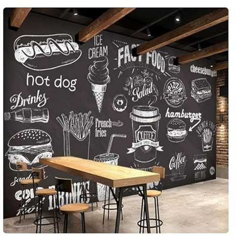 vsdhlsidgl Tapete 3D handgemalte Tafel Essen Dessert Fast Food Kaffee Wandbild Shop Restaurant Hintergrund Wand Fresko * 350 cm x 256 cm (137,8 x 100,8 Zoll)