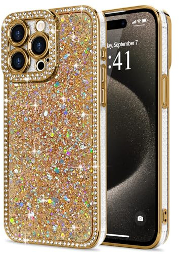 Lafunda Glitzer Hülle Kompatibel mit iPhone 15 Pro Max Handyhülle Mädchen Schuzhülle Glänzend Sparkle Diamond Hülle 3D Bling Kirstall mit Kameraschutz Case für iPhone 15 Pro Max Gold