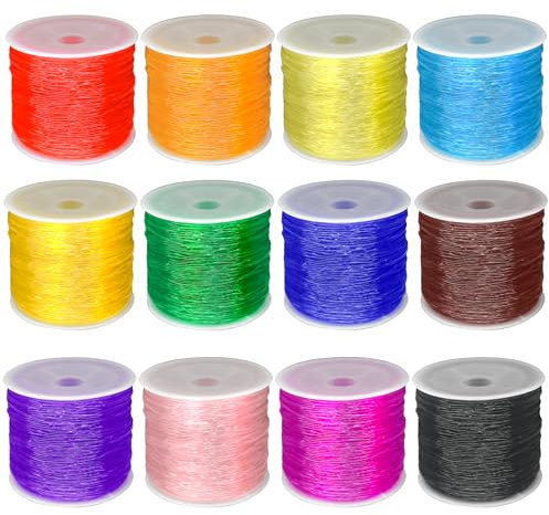 FQTANJU Cordoncino elastico per braccialetti, 600 metri, 0,8 mm, 12 rotoli di filo elastico per perline, gioielli per bracciali, collane, perline pony, perline di argilla (diversi colori)