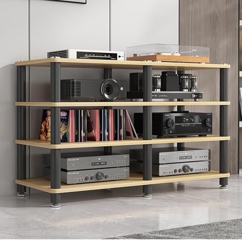 SHANYAYALI Audio-Komponenten-Regal mit 4 Ebenen, multifunktionales Stereo-AV-Regal für Zuhause, Büro, Verstärkerschrank mit Stahlrahmen, robuster Holztisch, Plattenspieler-Ständer (helles Holz)