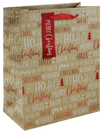 Eurowrap Brown Kraft Paper Christmas D'eck the Halls' Design Gift Bag with Gift Tag - Large - Eco Friendly Fully Recyclable - Gift Bag for Christmas, Gift Wrap, Xmas, Festive Gift Bag