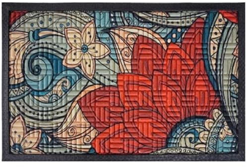 Door Mat Large 75cmx45cm Rubber Back Non slip Vibrant Colorful Design Patterned Easy to clean Home Entrance Mud Scraper Dirt Catcher Decorative Bubble Texture (Red Flower)