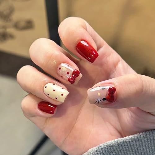 SXVME Red Kitty Heart False Nails, 24 Pcs (12 Sets) Square, Cute Kitty Press On Nails with 3D Bow Design, Natural Nude Acrylic Gel, Valentine Stick on Nails for Women