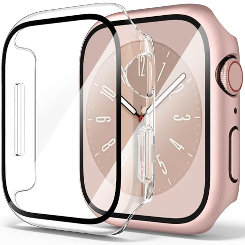 Amzpas 【2 PEZZI Cover per Apple Watch 9/8/7 45mm con Vetro Temperato, Custodia Rigida iWatch Protezione Sottile HD Clear Pellicola Protettiva (Oro rosa+Trasparente)