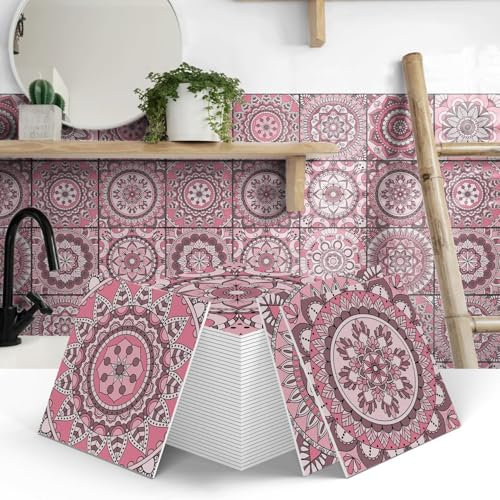 12pcs Moroccan Tile Stickers Pink,Thicker Kitchen Bathroom Wall Tile Stickers Peel and Stick on Tile for Fireplace Surround Self Adhesive Vinyl Waterproof Mosaic Art (15cm x 15cm, 6x6 inches)