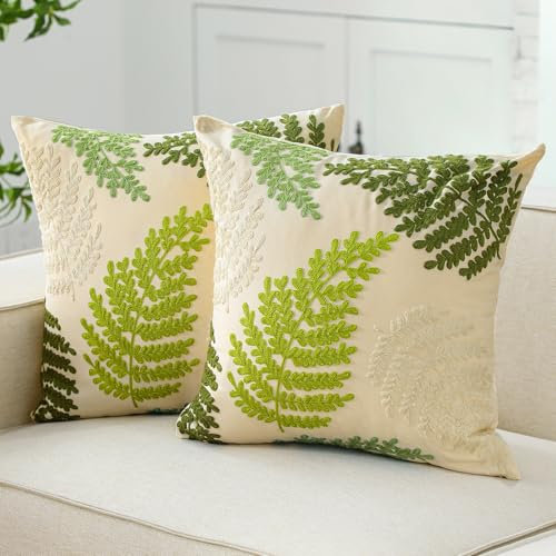 HunnmingRe 2 Pcs Sage Green Leaf Plant Embroidered Pillow Covers 18 x 18 Inch Tropical Fern Herbs Botanical Leaves Decorative Pillow Covers armhouse Soft Plush Pillowcase for Sofa Bed