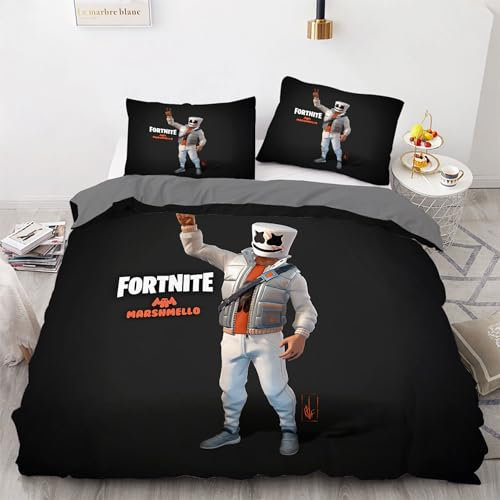 Kinder Gamer Bettwäsche 135 x 200 cm Jungen Mädchen Bettbezug Fortnite Cartoon Games Microfaser Bettwäscheset Schwarz Grau Öko-TexBettbezug-Set Und 1 Kissenbezug (80 x 80 cm) with Zip