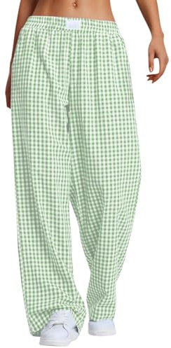 PADOLA Pantalon Fluide Femme Été Lin Bas de Pyjama à Carreaux Taille Elastique Pantalons de Nuit avec Poches Ample Jambe Droite Pantacourt Yoga Décontracté Pyjamas Léger Grande Taille (1 Vert, M)