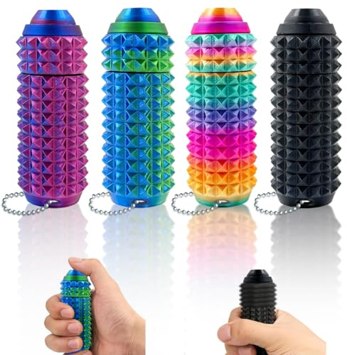 Little Ouchies Pain Fidget (4 Stücke), Mit Clicker Schaltfläche & Spinner, Pain Stim Spiky Grippie Keychain, ADHS Fidget Toys für Stressabbau Fokus, Sensorik Spielzeug Geschenke Für Erwachsene (Laser)