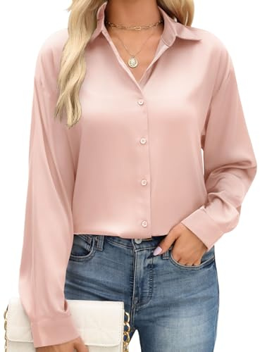 CMTOP Camicia Donna Camicetta Manica Lunga Raso Blusa Elegante Scollo a V Camicie Loose Bottoni Tunica Primavera Autunno Shirt Top Tinta Unita Basic Maglietta (Rosa, S)