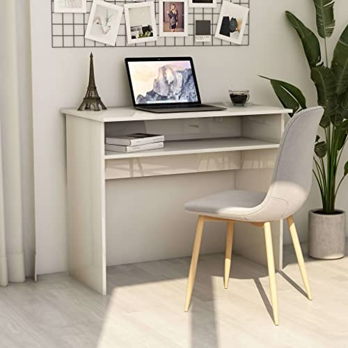 Tonture Schreibtisch Hochglanz-Weiß 90x50x74 cm, Holzwerkstoff Modern Kompakt, mit Ablagefach für Büro, Jugendzimmer, Arbeitszimmer, Computer, Home Office