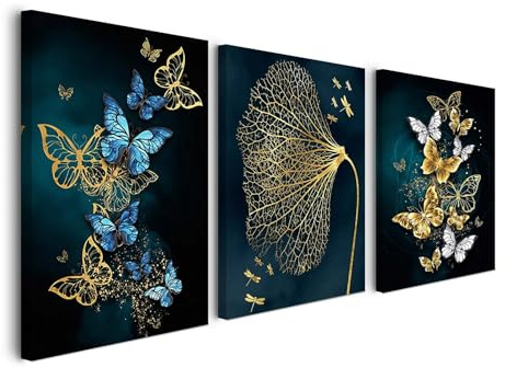 Gerahmtes Wandbild Set 30×40 cm 3er Set Gold Blau Schmetterling Leinwandbilder für Wohnzimmer Schlafzimmer Küche Büro Vintage Wandbild mit Haken Nägeln und magischer Klettbefestigung sofort aufhängbar