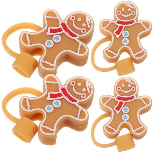 BESPORTBLE 4Pcs Reusable Christmas Straw Caps Dustproof Straw Covers with Smiling Gingerbread Design for Party Cups and Tumblers