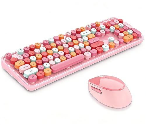 Vumilstek Colourful Keyboard and Mouse Wireless, American QWERTY 2.4G Full Size 108-Key Retro Typewriter Round Keycap with Number Pad for Students Home Office PC Laptop(Pink)