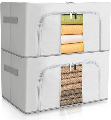 AiQInu Scatole per Armadio Rigide con Cerniera 2 pezzi 24L,Organizzatore Armadio 40x30x20cm con Struttura in Metallo Pieghevole, Contenitori per Armadio Impilabili per Vestiti, Trapunte, Piumone