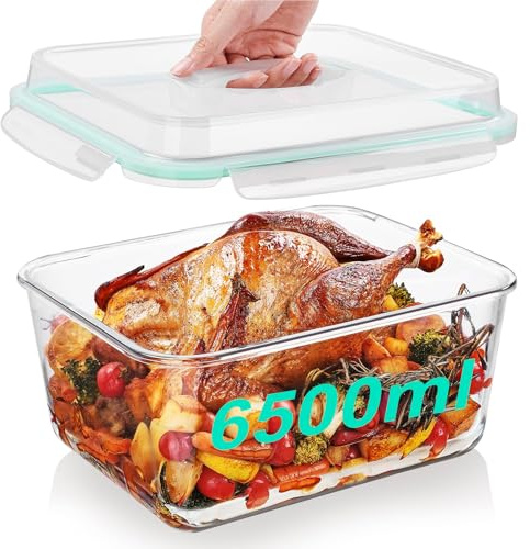 DeJivsin Contenitori Grandi in Vetro con Coperchio, 6,5 l, Ermetici, Adatti al Congelatore, Contenitori Ermetici per Alimenti per Pollo, Tacchino, Melone o Piatti di Festa