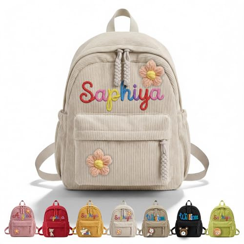 CGFN Personalisierter Rucksack Kinder Kita Cord mit Namen (Cremeweiß) | Personalisiert & Kuscheltier-Mix, Weicher & robuster Cord