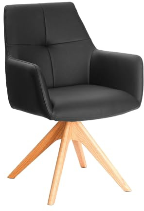 Stuhl ALMARA - 62cm - schwarz - Echtleder Massivholz-Beine drehbar Armlehne | Auto-Return-Funktion, Federkern-Komfort, Ziersteppung, pflegeleicht, angenehme Haptik, bequeme Polsterung