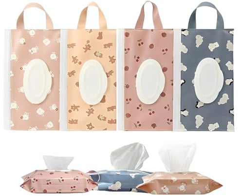4er Pack Feuchttücher Tasche für Unterwegs - Wiederverwendbare Feuchttücher Box Baby mit Trageschlaufe & Klappdeckel, Tragbarer Feuchttuchspender für Wickeltasche & Kinderwagen, Tiermotive