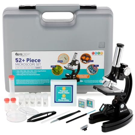 AmScope 120X-1200X 52-pcs Kids Beginner Microscope STEM Kit with Metal Body Microscope, Plastic Slides, LED Light and Carrying Box (M30-ABS-KT51),Black