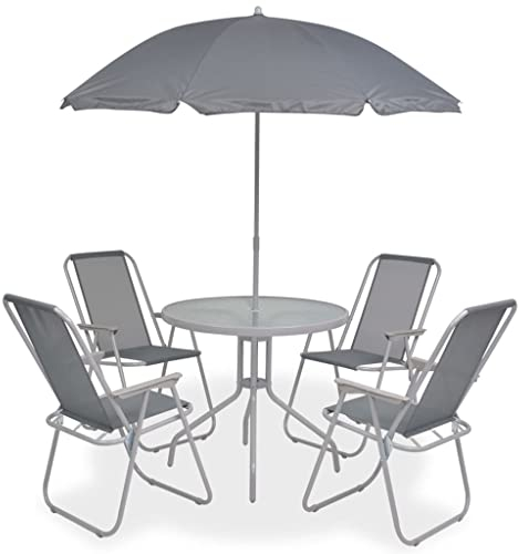 vidaXL Gartenmöbel 6-TLG. mit Schirm Gartengarnitur Sitzgruppe Sitzgarnitur Gartenset Esstisch Gartentisch Tisch Stühle Stahl Textilene Grau