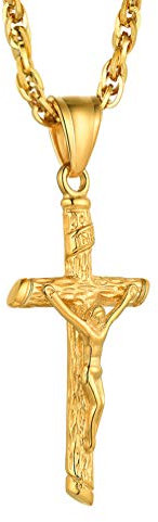 PROSTEEL Herren Halskette 18k vergoldet Kruzifix Kreuz Anhänger mit 55 + 5cm Singapurkette Männer Jungen Hip Hop Modeschmuck mitbox