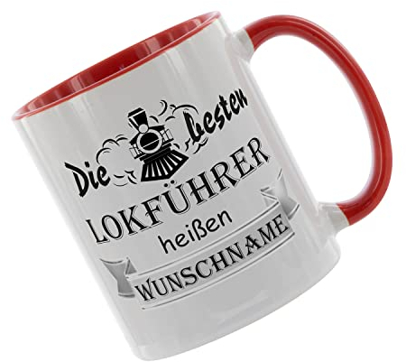 Crealuxe Kaffeetasse 'Die besten Lokführer heißen (Wunschname)' personalisiert, Spruchtasse, hochwertige Keramiktasse (Rot)