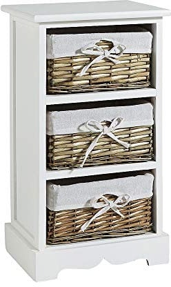Home Source Bedroom Wooden Storage Unit, Woven Willow Wicker Baskets, 3 Drawer Cabinet Chest, White
