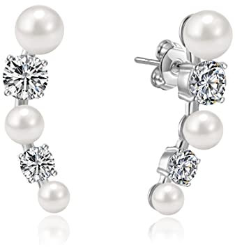 Philip Jones White Pearl Climber Earrings Created with Zircondia® Crystals