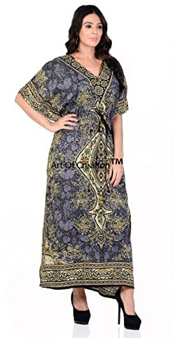 Art of Creation Women's Kaftan Dress Maxi Long Dress Night Gown Caftans Dresses 3/4 Sleeve Top Nightdress Plus Size Kaftans House Dresses Color-Grey