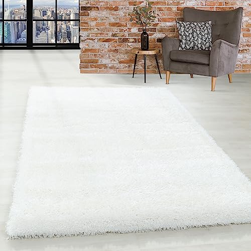 SIMPEX Teppich Wohnzimmer 60 x 110 cm Läufer Flur Hochflor Teppich Weiß Moderne Einfarbig Design - Schlafzimmer Teppich Pflegeleicht Extra Weich Extra Flauschig - Carpet Living Room Deko